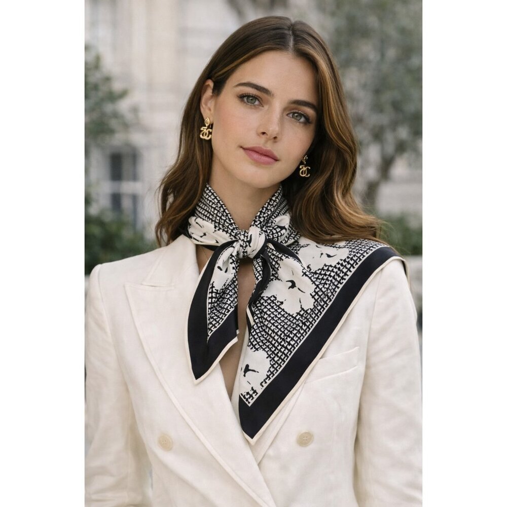 Echo Club 7 100% Silk Scarf Black White Floral Plaid Square 27” Vintage Designer - Picture 5 of 8